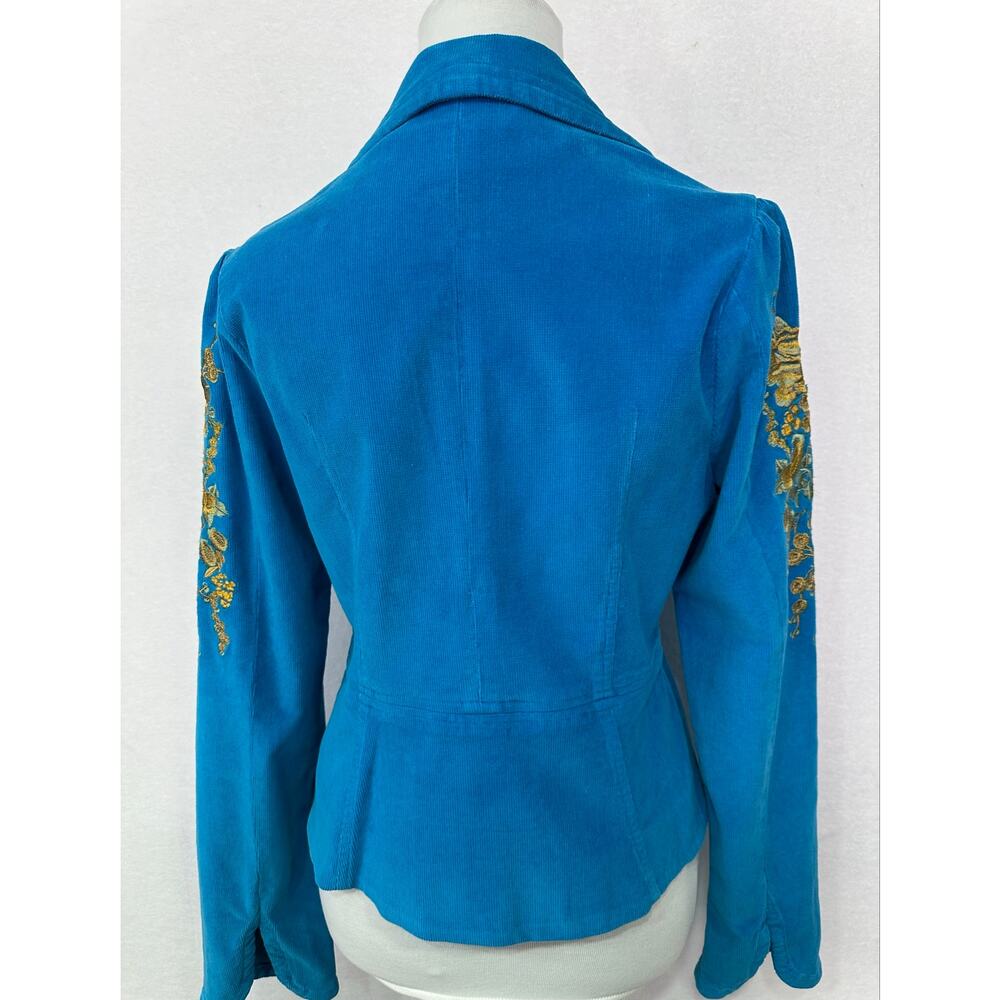 True Meaning Blue Corduroy Floral Embroidered Blazer Jacket Y2K Boho Large - Picture 5 of 12